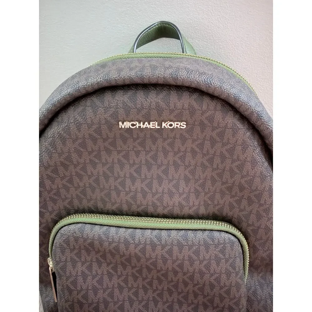 Michael Kors Erin Medium Brown MK Logo Green Trim Backpack
